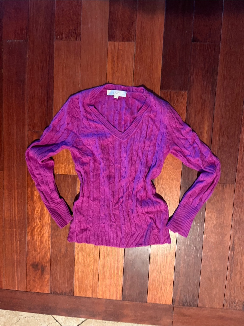 LOFT Purple Cable-Knit V-Neck Sweater